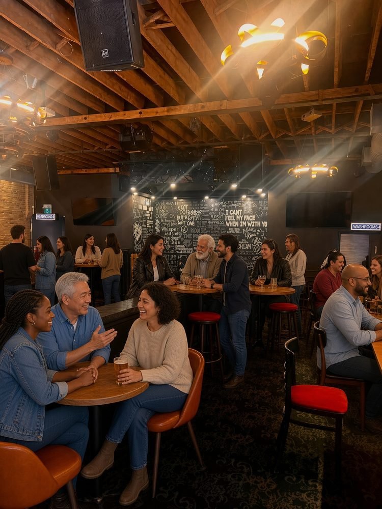 A busy evening at the House of Vanguard: people sitting and standing around wood tables with drinks, talking and laughing under warm exposed-beam ceilings, with a wall of handwritten song lyrics behind them.